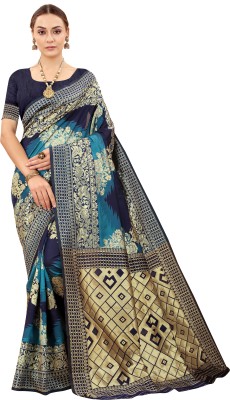 Om Shantam sarees Self Design, Woven Banarasi Art Silk Saree(Blue)