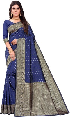 JAMFALI Woven Assam Silk Cotton Silk Saree(Dark Blue)