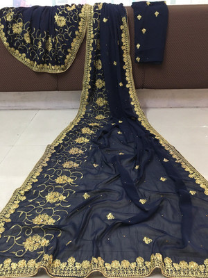 LD CREATION Self Design Kalamkari Georgette Saree(Dark Blue)