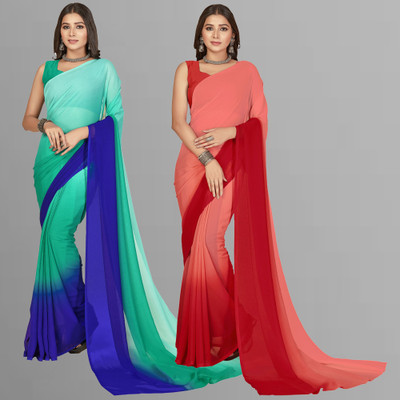 kashvi sarees Ombre, Striped, Dyed, Solid/Plain Bollywood Georgette Saree(Pack of 2, Light Blue, Red, Blue, Pink)