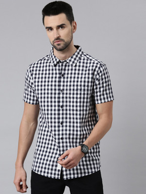 JOVEN Men Checkered Casual Dark Blue Shirt