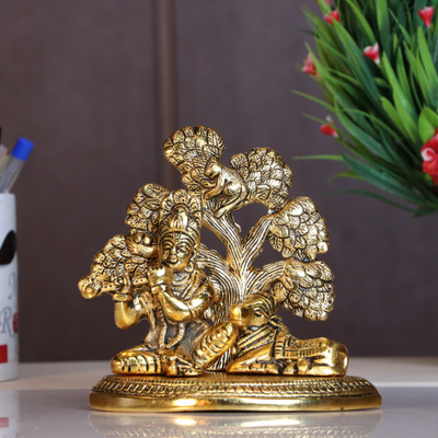 KridayKraft metal lord krishna plying flute sitting under tree with cow Decorative Showpiece  -  13 cm(Metal, Gold)