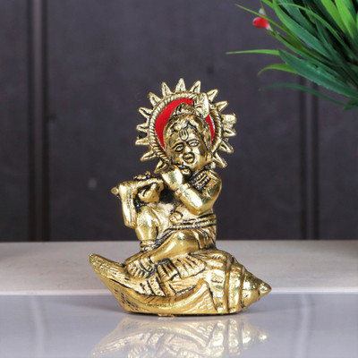 KridayKraft Metal krishna Statue Bal Laddu Gopal Murti Playing Flute Decorative Showpiece Decorative Showpiece  -  11.5 cm(Aluminium, Gold)