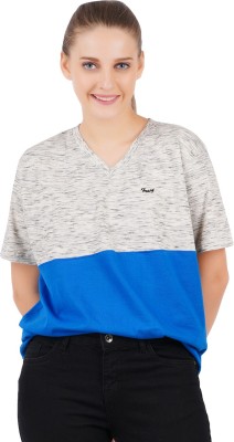 Frang Colorblock Women V Neck Blue T-Shirt