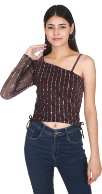 STYLZINDIA Party Striped Women Black Top