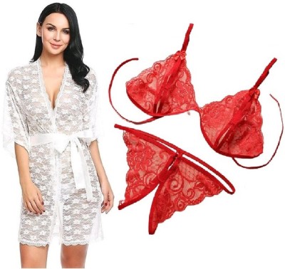 IyaraCollection Women Robe and Lingerie Set(White, Red)