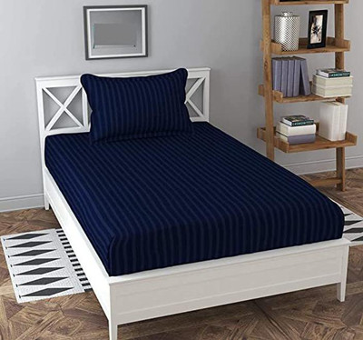 Kawi 200 TC Satin Single Striped Fitted (Elastic) Bedsheet(Pack of 1, Blue)
