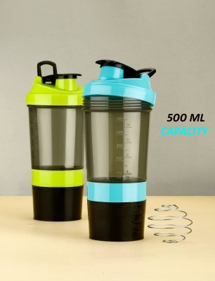 Smiling Cart Shaker Bottle With Blend Spring 500 ML with 1 Compartment and Cup Joined (2Pcs) 500 ml Shaker(Pack of 2, Blue, Plastic)