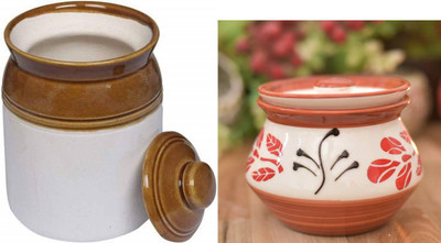 hc the crafts Ceramic Pickle Jar  - 1000 ml, 300 ml(Pack of 2, Multicolor)