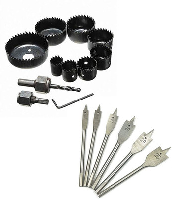 Kshivi BHB:013 Holesaw Drill Bit Set 11pcs Woodworking Hole Saw Drill Bit Kit And 6 Pcs Flat Drill Bit Drilling Tool Wood Thin Alloy Metal Cutter Core Drill Bits