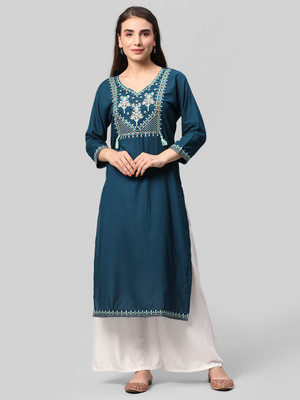 Trivacca Women Embroidered A-line Kurta(Blue)