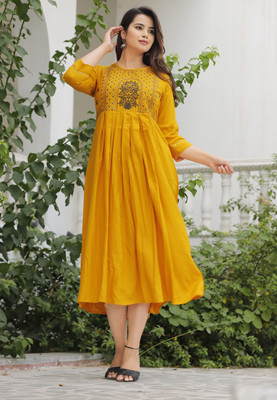Mehsoos Women Embroidered Flared Kurta(Yellow)