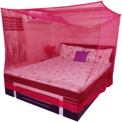 Shree Kriday Polyester Adults Washable Square Hanging (8x8) King Size Bed Mosquito Net(Red, Bed Box)