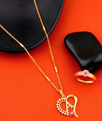 Jewel WORLD A name letter Diamond Pendant locket chain with pink diamond ring for girls Gold-plated Beads Alloy Pendant