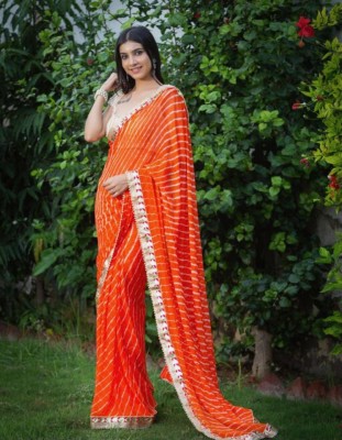 pk hub Striped Leheria Chiffon Saree(Orange)