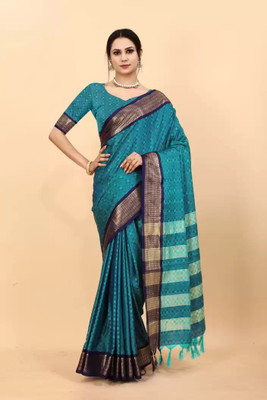Juhi Collection Self Design, Temple Border, Striped, Embellished, Woven, Solid/Plain Banarasi Jacquard, Cotton Silk Saree(Cream)