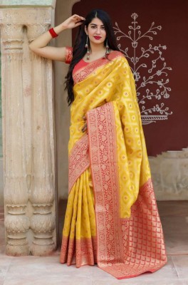 Anjaneya Sarees Woven Banarasi Silk Blend Saree(Yellow)