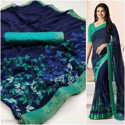 Queenswear Creation Printed, Paisley, Blocked Printed, Floral Print, Dyed Bollywood Georgette, Chiffon Saree(Blue)