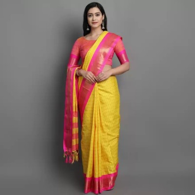 VRINDITA FASHION Striped Bollywood Pure Cotton Saree(Yellow)