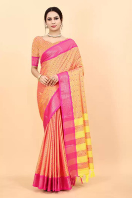 Juhi Collection Self Design, Temple Border, Striped, Embellished, Woven, Solid/Plain Banarasi Jacquard, Cotton Silk Saree(Cream)