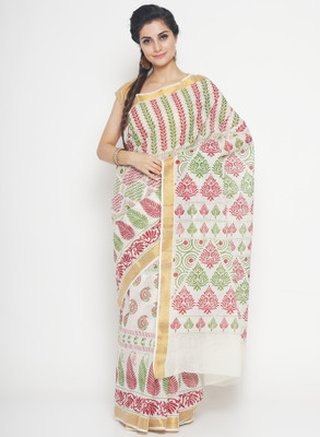 Creative weaves Printed Kasavu Cotton Blend Saree(Multicolor)