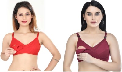 Desiprime B Cup Poly Cotton Feeding Bra Set of 2 Women Maternity/Nursing Non Padded Bra(Red, Maroon)