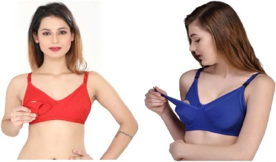 Desiprime B Cup Poly Cotton Feeding Bra Set of 2 Women Maternity/Nursing Non Padded Bra(Red, Blue)