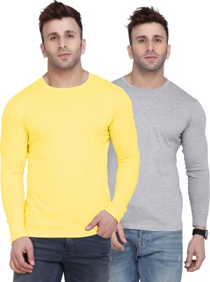 Kroptee Solid Men Round Neck Grey, Yellow T-Shirt