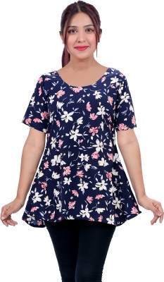 Aarav Boss Casual Floral Print Women Blue Top