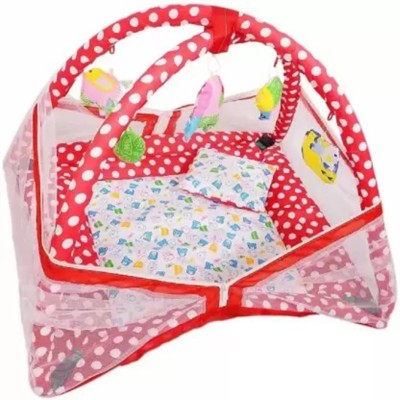 ODELEE Bedding Set with Foldable Mattress, Mosquito Net and Pillow Red Polka dots Baby Mosquite Bedding Polka Dots(Fabric, Red, White)