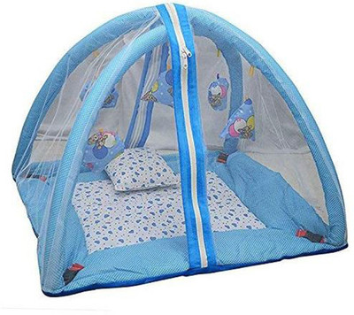 ODELEE Cotton Infants Washable Bedding Set with Foldable Mattress, Mosquito Net and Pillow Sky Blue Mosquito Net(Sky Blue, White, Frame Hung)