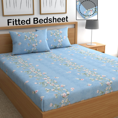 CHHAVI INDIA 210 TC Microfiber Double Printed Fitted (Elastic) Bedsheet(Pack of 1, Sky Natural)