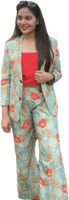 Sarayu Floral Print Double Breasted Casual Women Blazer(Light Green)