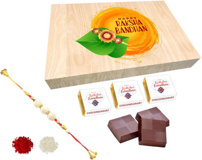 CHOCOINDIANART Decorative Happy Raksha Bandhan, 12pcs Delicious Chocolate Gift with Rakhi Wooden Gift Box(Black)