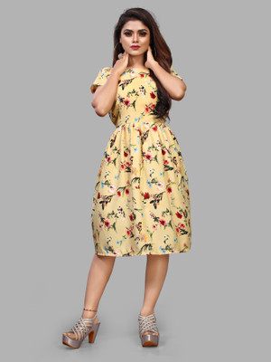 BRIGHT WORLD Women Fit and Flare Yellow Below Knee Dress