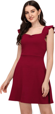 Mehrang Women A-line Maroon Above Knee/Mid Thigh Length Dress
