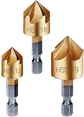 Bluedeal 3Pcs 1/4'' Hex 5 Flute 90 Degree 12 16 19mm Countersink Drill Bit for Wood Metal Quick Change Set (Gold,Titanium-plated carbon steel)