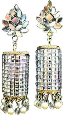 Happy Stoning Large Jhumka mirror Antique Silver Earrings Metal Jhumki Earring