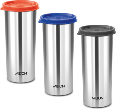 MILTON (Pack of 3) Stainless Steel Tumbler with Lid Set of 3, 530 ml Each (Lid Color May Vary) Glass Set Water/Juice Glass(530 ml, Steel, Multicolor)