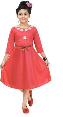 Chandrika Girls Below Knee Casual Dress(Pink, 3/4 Sleeve)