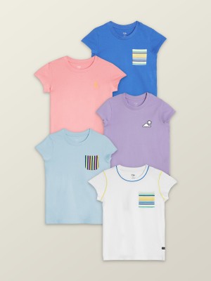XY Life Girls Striped Pure Cotton T Shirt(Multicolor, Pack of 5)