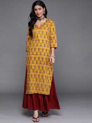Varanga Women Floral Print Straight Kurta(Yellow)