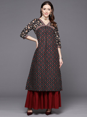 Varanga Women Printed Anarkali Kurta(Black)