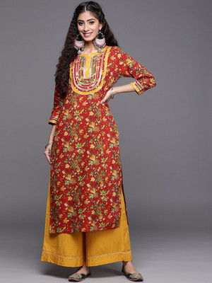 Varanga Women Floral Print Straight Kurta(Red)
