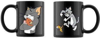 ADRON 2 Pcs Black Tom And Jerry Printed Ceramic Coffee Mug(330 ml, Pack of 2)