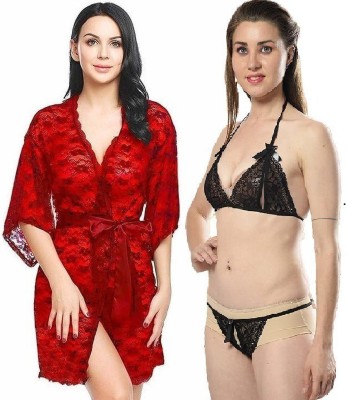 IyaraCollection Women Robe and Lingerie Set(Red, Black)