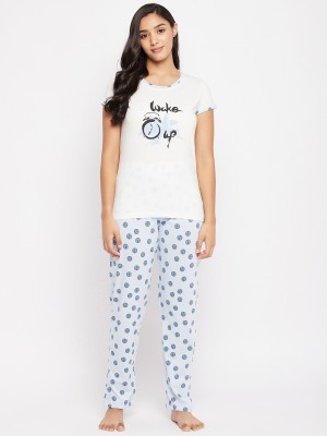 DUKE Women Printed White Top & Pyjama Set