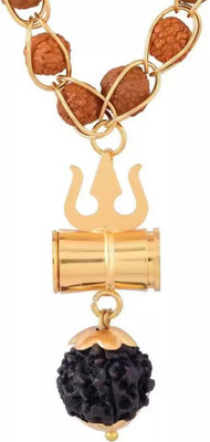 VRIDAANN Shiv Shakti Kavach 5 Mukhi Rudraksha Mala with Shiv Trishul Damru Gold-plated Brass Locket Set