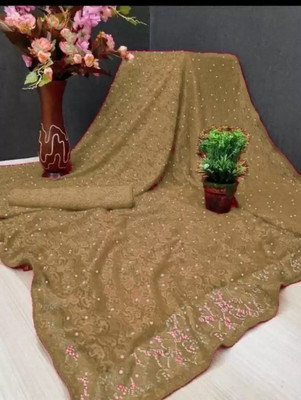 Aarya creation Embellished Bollywood Net Saree(Cream)