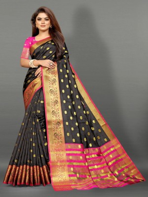 PromiseCreation Woven Maheshwari Cotton Silk Saree(Black)